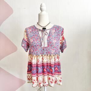 One World Patchwork Peasant Top Sz Medium Boho Hippie Festival Retro Bohemian